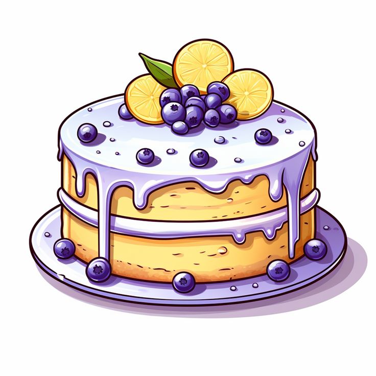 a cake with blueberries and lemons on top is shown in this cartoon style