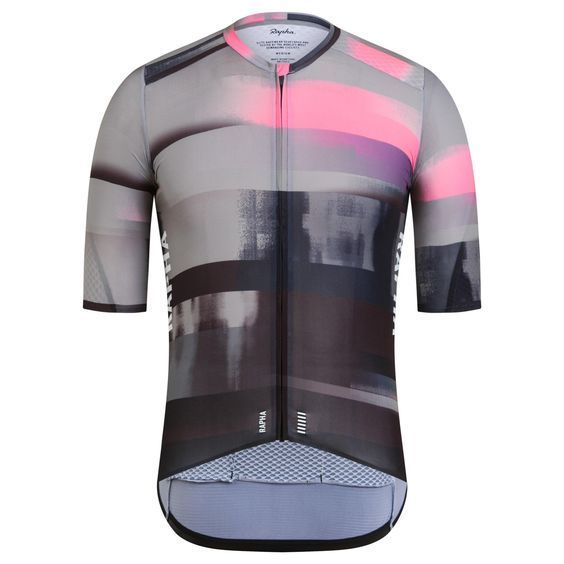 the front of a men's cycling jersey with pink and black designs on it