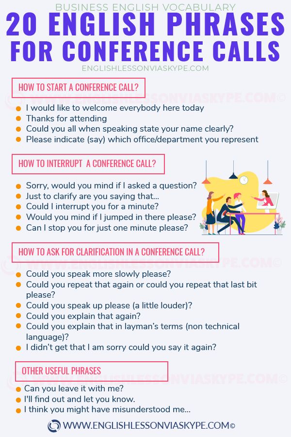 an info sheet with the words 20 english phrases for conference calls and how to use them