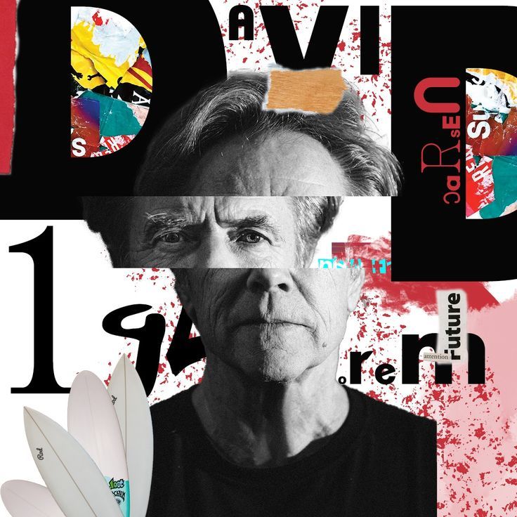 a collage of an older man and a surfboard with the word david on it