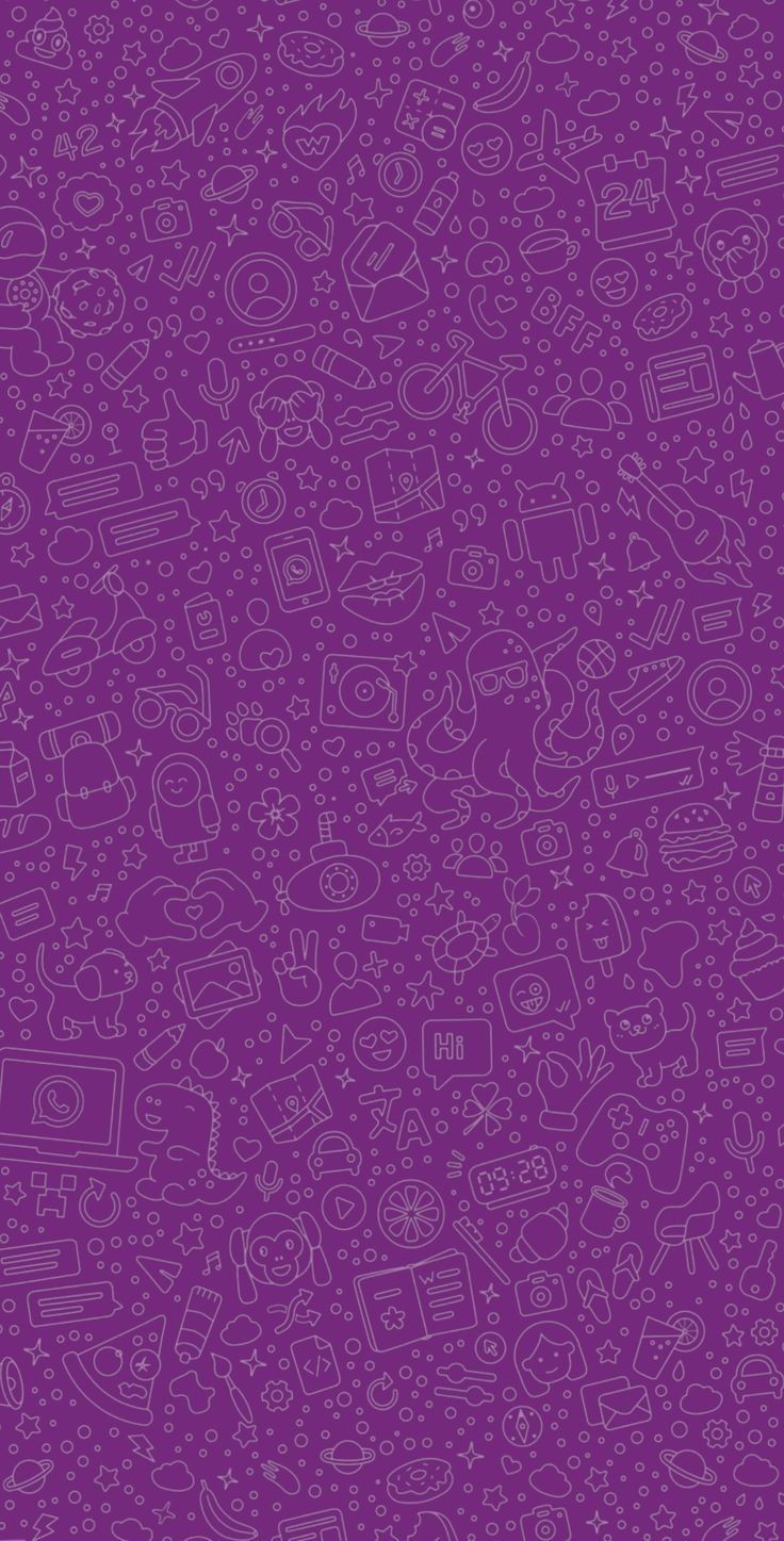 a purple background with white doodles on the top and bottom corner, in different colors