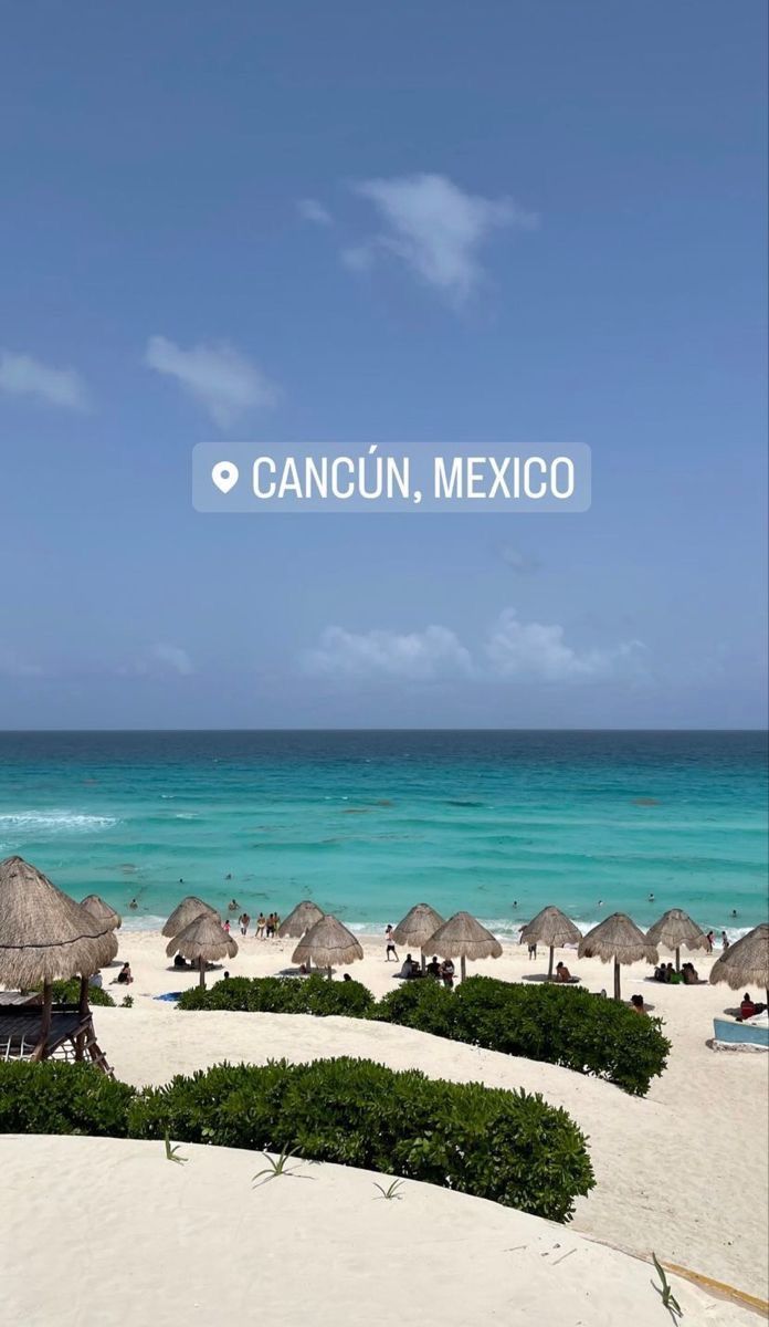 an image of the beach with umbrellas and sand on it's shore that says cancun, mexico