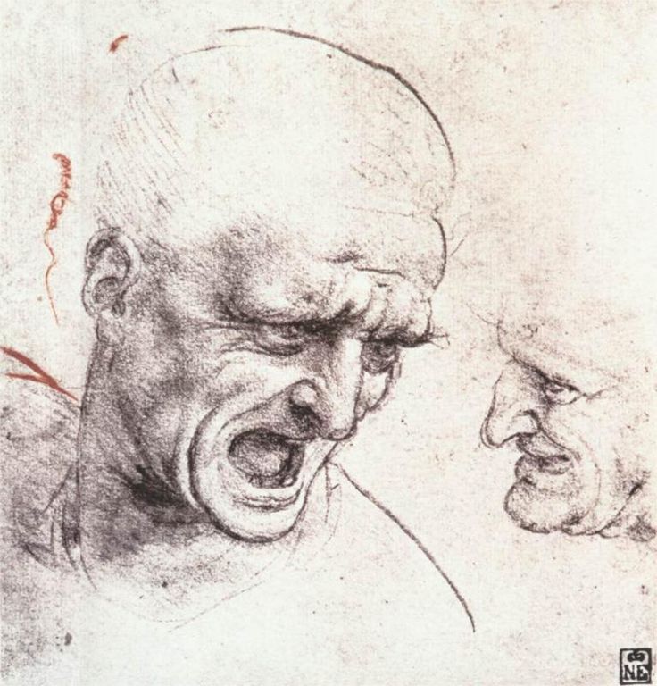 a drawing of two men with their mouths open and one man yelling at the other