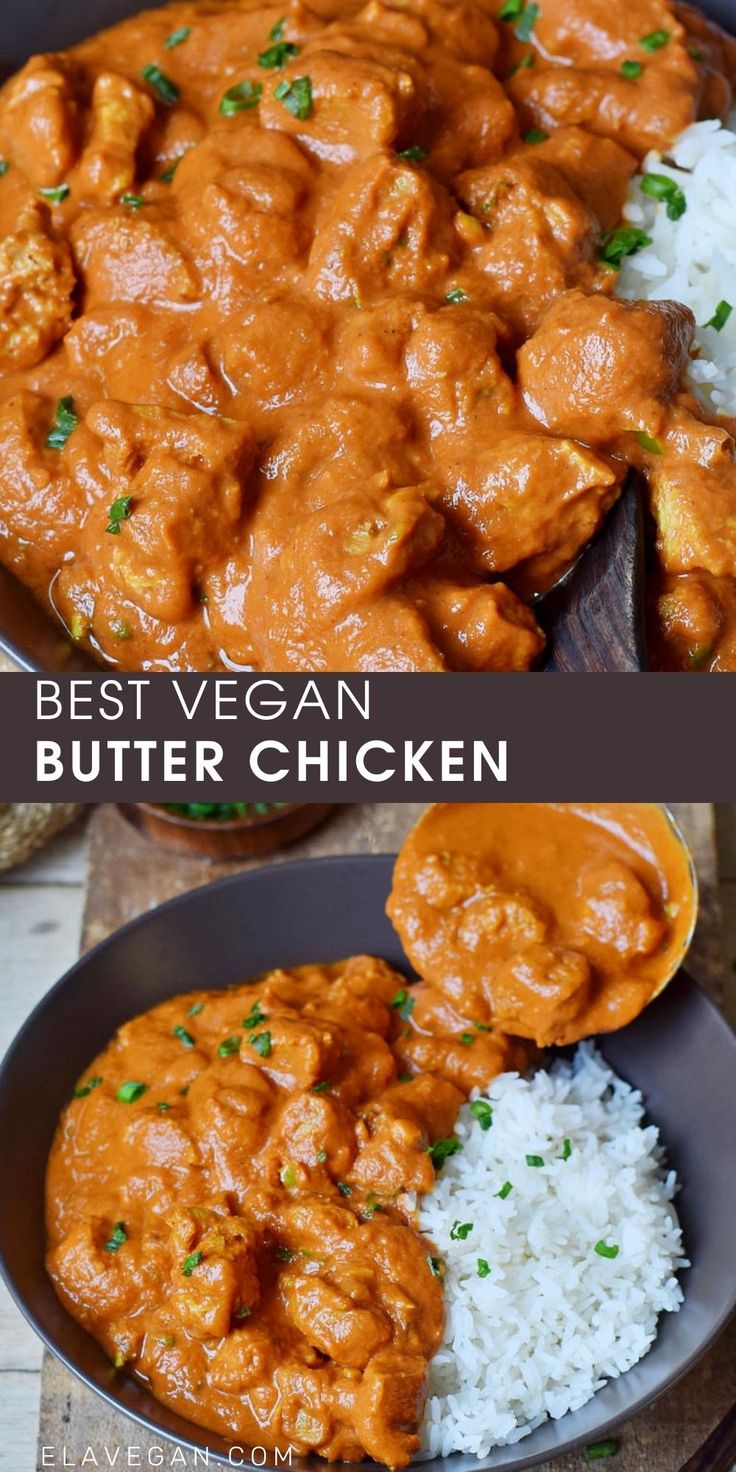 the best vegan butter chicken is served with rice and garnished with parsley