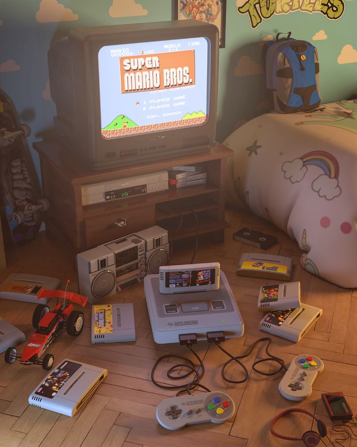 nintendo wii game system sitting on the floor in front of a tv with super mario bros