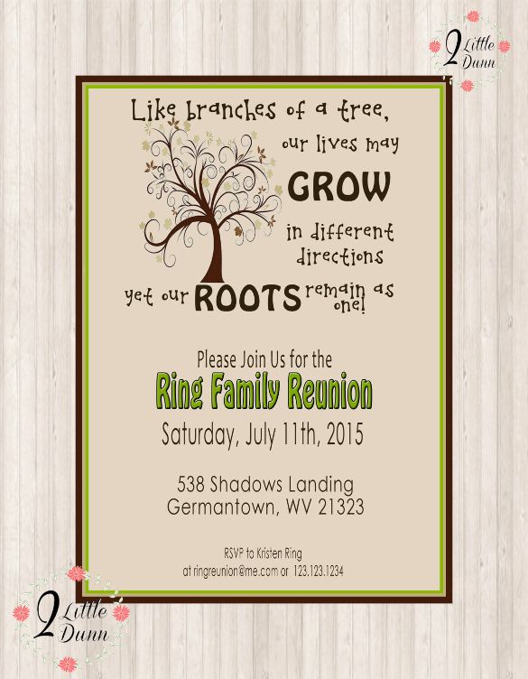 a family reunion announcement with a tree on the front and bottom, which reads like branches of a tree, our lives may grow in different directions