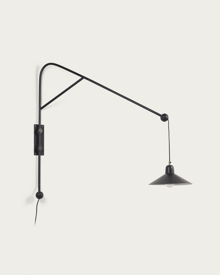 a black wall mounted light with an arm and two lights attached to the back of it