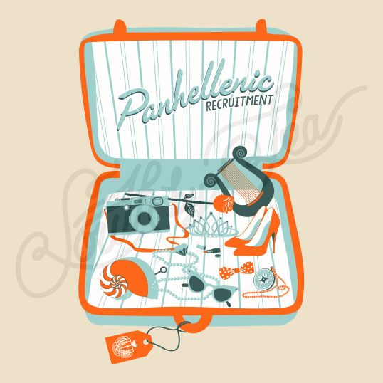 an open suitcase filled with various items on top of a white surface and orange lettering