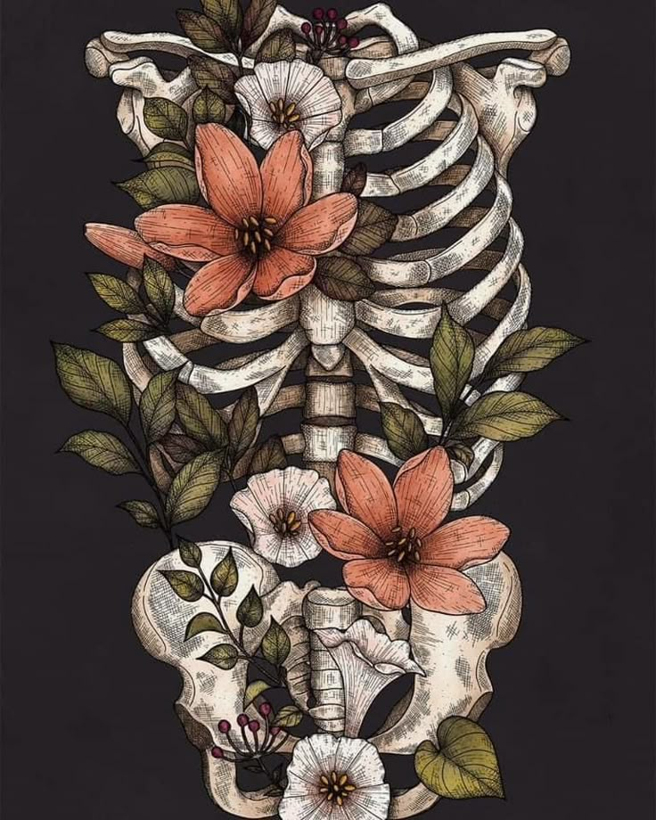 a drawing of a skeleton with flowers on it's chest and the back side