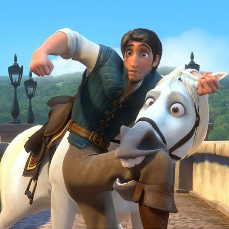 an animated man riding on the back of a white horse