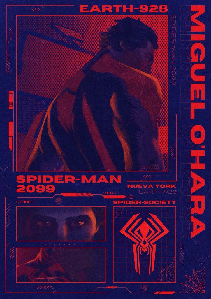 the poster for spider - man 2099 is shown in red and blue colors,