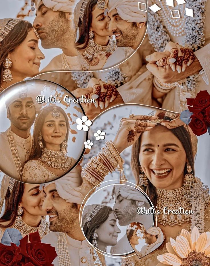 a collage of two people in wedding outfits with flowers on the bottom and an image of a couple holding each other