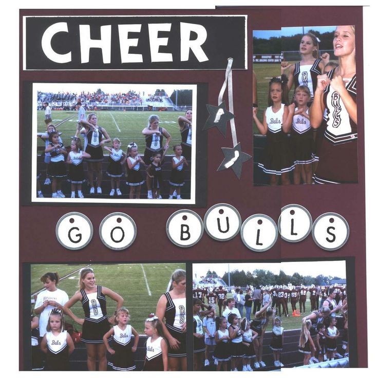 the cheer team is posing for pictures in front of their photo collage with words on it