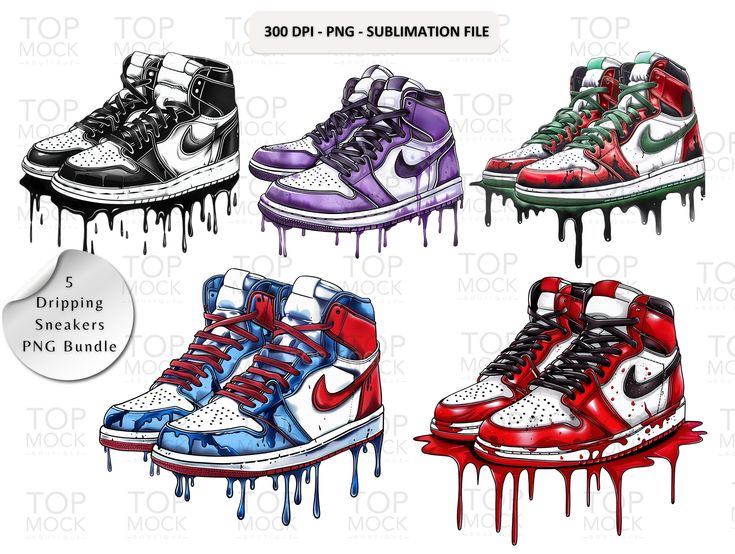 four different colored sneakers with drips on them