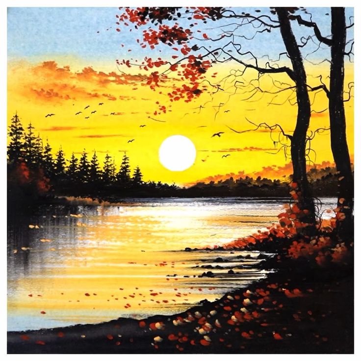 a painting of the sun setting over a lake