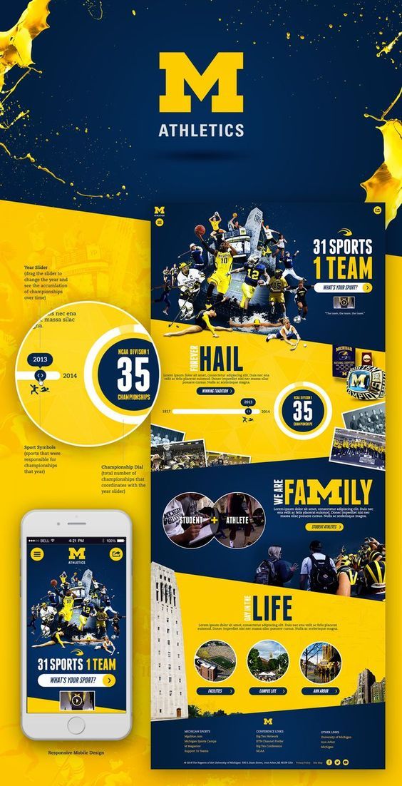 an ad for the university of michigan athletics team is shown in yellow and blue colors