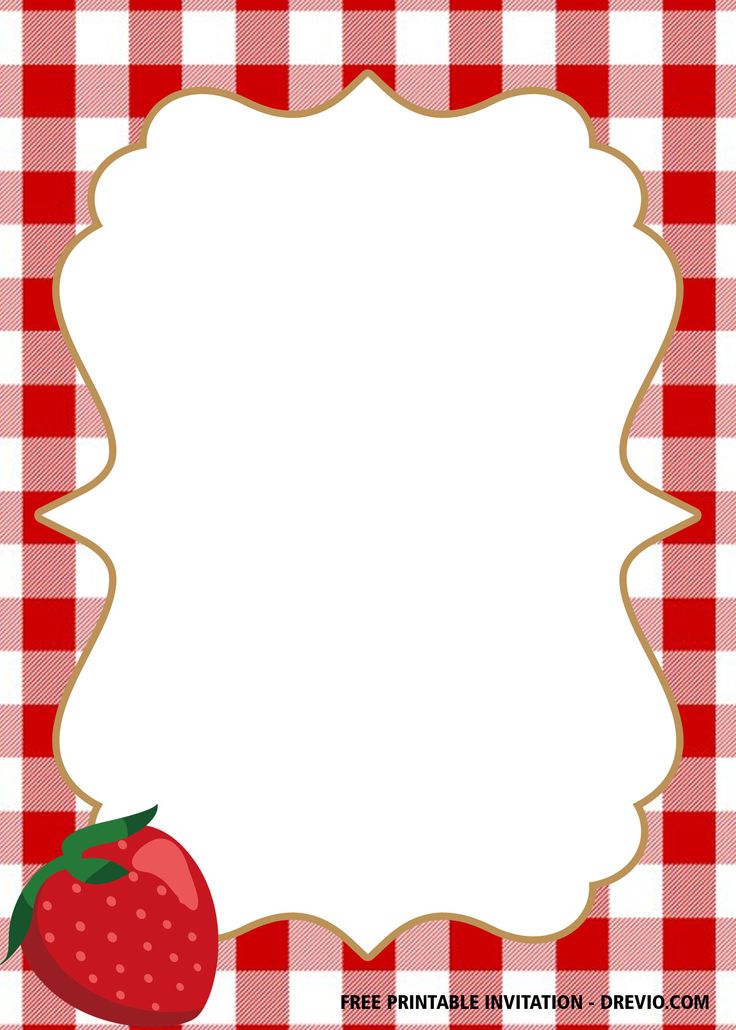 a red and white checkered table cloth with a strawberry on the bottom, and a blank