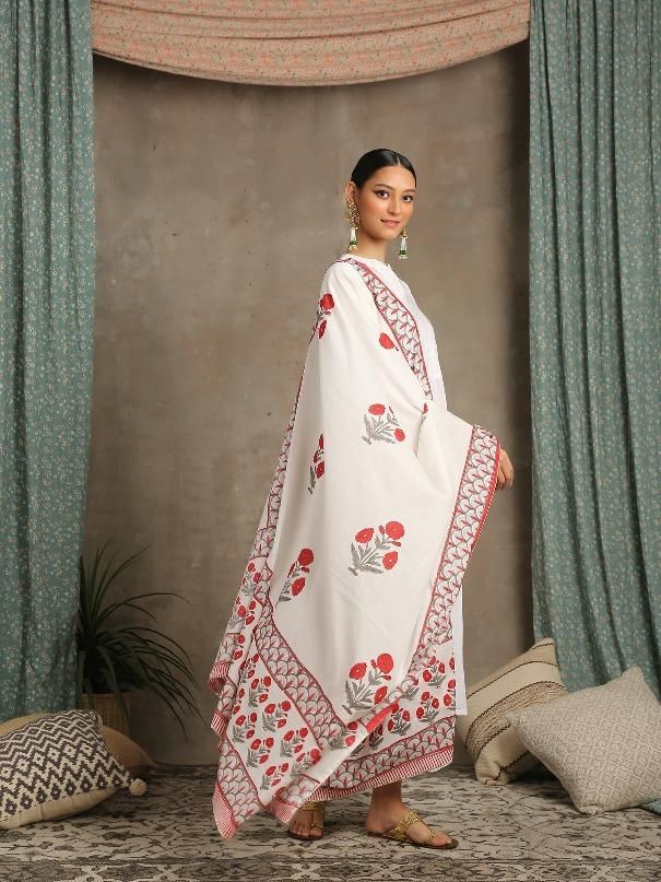 Mahira White Cotton Printed Salwar Suit from Maison Shefali now available at Trendroots White Bollywood Dupatta With Naqshi Details, Traditional White Naqshi Dupatta, White Naqshi Chanderi Anarkali Set, White Chanderi Anarkali Set With Naqshi Detailing, White Chanderi Anarkali Set With Naqshi, Navratri Naqshi Traditional Drape Dupatta, Traditional Palazzo Set With Block Print, Bollywood Style Cotton Dupatta With Naqshi, Traditional Naqshi Palazzo Set For Navratri