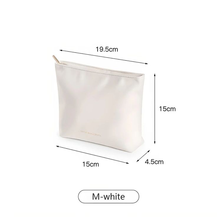 a white bag with measurements for the size and width, including an empty zippered pouch