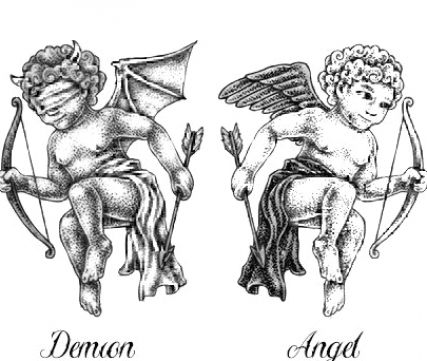 two cherubs sitting on top of each other with the words demon and angel above them