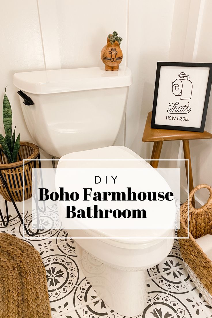 a white toilet sitting in a bathroom next to a wooden chair and potted plant