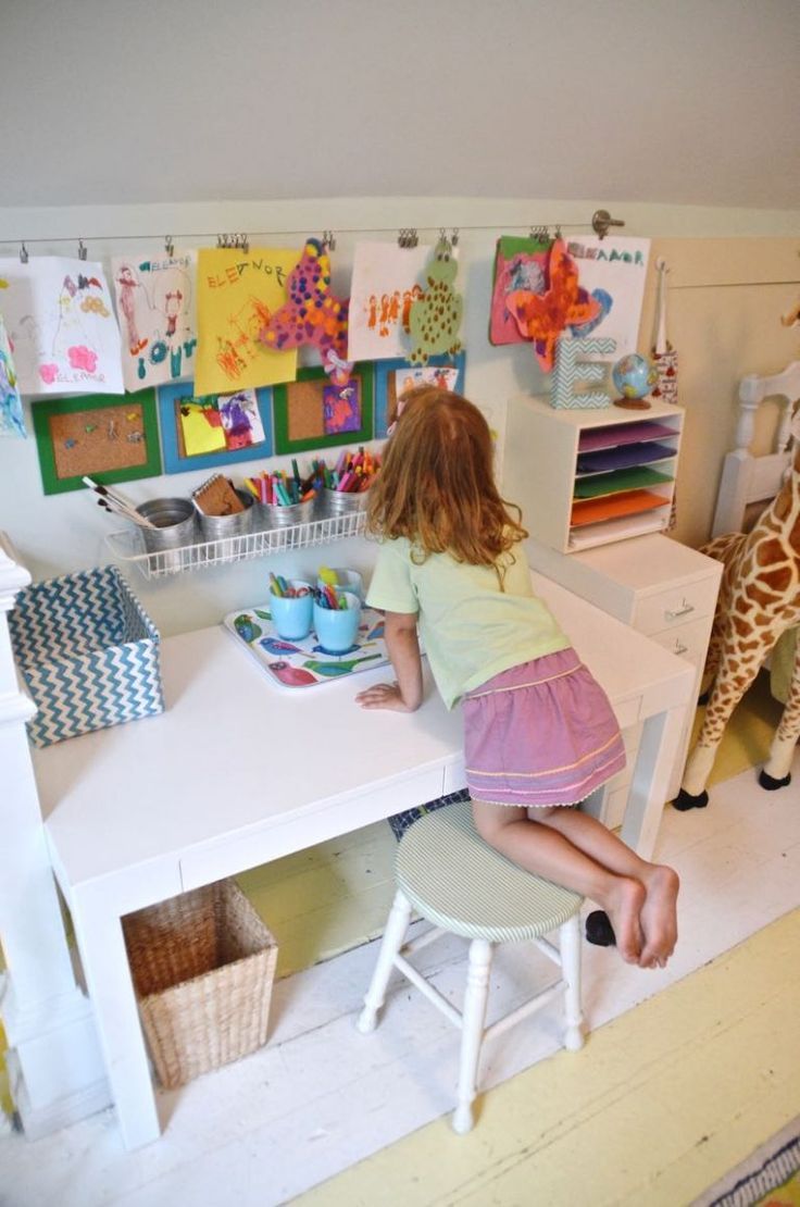 Budget kids art center against a small wall in our playroom. Kids Art Corner, Kids Art Space, Homework Room, Basement Studio, Display Area, Playroom Storage, Playroom Organization, Kids' Desk, Kid Desk