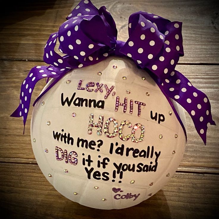 a white ceramic ornament with purple polka dots and words on it that says, every hit up hope with me? i'd really do it if you said yes yes