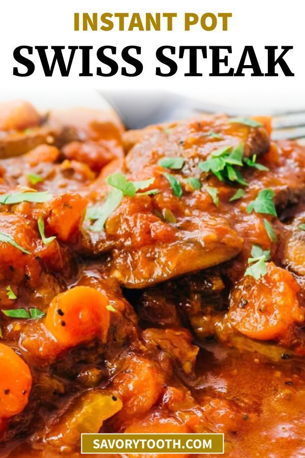 a close up of a plate of food with text overlay that reads instant pot swiss steak