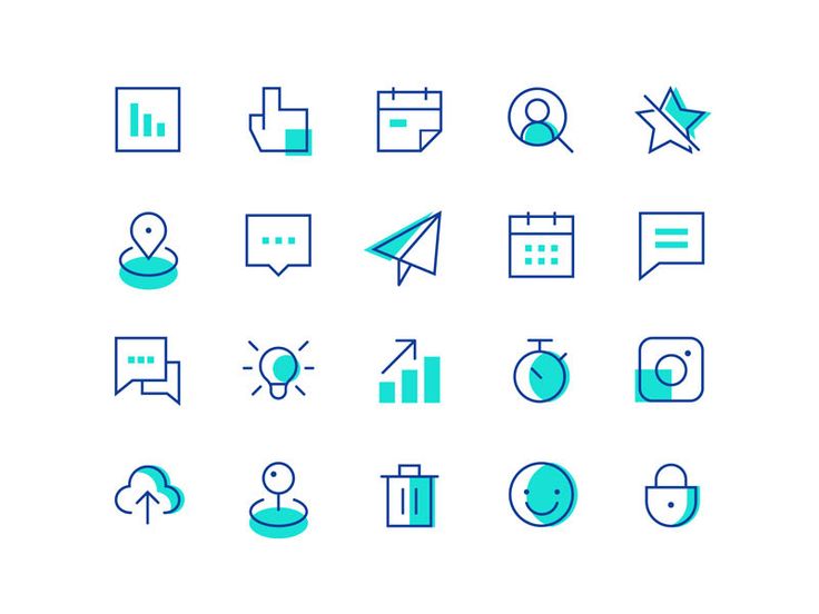 the icons are blue and white on a white background, including an arrow, speech bubbles,