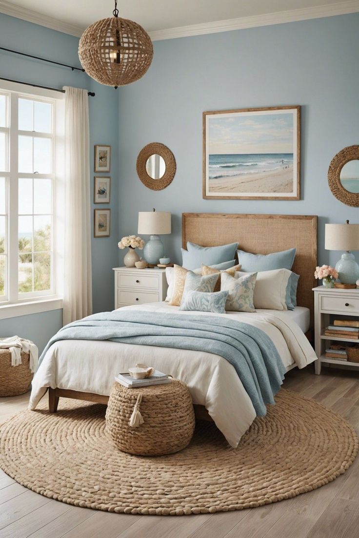 a bedroom with blue walls and white furniture