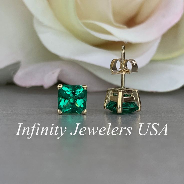 "These earrings are radiant cut lab created emeralds made set in 14k yellow gold item #6326 *also shown in 14k white gold Earring back style is subject to change due to availability. -Approximate total carat weight: 2.00ctw. -Center Stone Size: 1.00ct each 6x6mm -Metal Type and Purity: 14K yellow Gold -Setting: 4 Prong Basket Style -Backing: Screw back (earring backs are subject to change due to availability) -Gem Type: Lab Created Emerald -Stone Shape: Asscher Cut -Stone Clarity: VS2 -Stone Col Emerald Earrings With Diamond Cut For Gift, Emerald Diamond Cut Earrings Gift, Classic Jewelry With Green Square Cut, Classic Emerald Earrings For Anniversary, Gia Certified Emerald Cut Earrings As Gift, Classic Green Square Cut Jewelry, Green Radiant Cut Jewelry For Anniversary, Classic Green Earrings For Anniversary, May Birthstone Rectangular Jewelry With Prong Setting