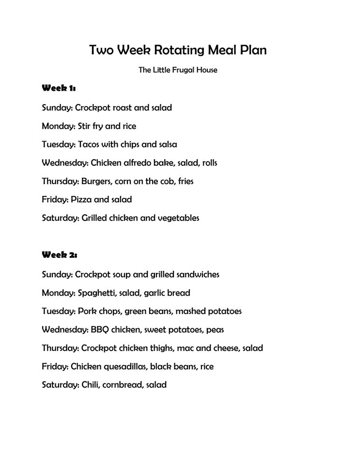 the menu for two week rotting meal plan is shown in black and white letters