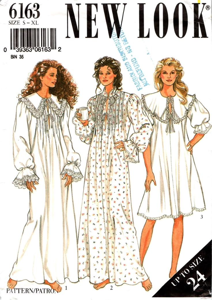 VINTAGE VICTORIAN STYLE NIGHTGOWN | NIGHTIE SEWING PATTERN SIZE 10 12 14 16 18 20 (SMALL MEDIUM LARGE XLARGE) WOMEN MISSES VERY RARE - NEW LOOK BY SIMPLICITY 6163 C 1980s BEAUTIFUL CLASSY NIGHTWEAR IN 3 STYLES! FULL FIGURE / CURVY FIT / PLUS SIZING INCLUDED ✨LARGE CAPE COLLAR OR STAND UP COLLAR ✨LENGTH VARIATION ✨SLEEVE LENGTH VARIATION ✨YOKE WITH TIED FRONT ✨PUFFY SLEEVES THIS IS THE ORIGINAL TISSUE PAPER PATTERN IN GREAT CONDITION - NOT A PDF (INSTANT DOWNLOAD) PATTERN IS UNCUT WITH FACTORY FO Nightgown Sewing Pattern, 70s Mode, Victorian Sewing, Cape Collar, Victorian Nightgown, Nightgown Pattern, New Look Patterns, Vintage Dress Patterns, Vintage Nightgown