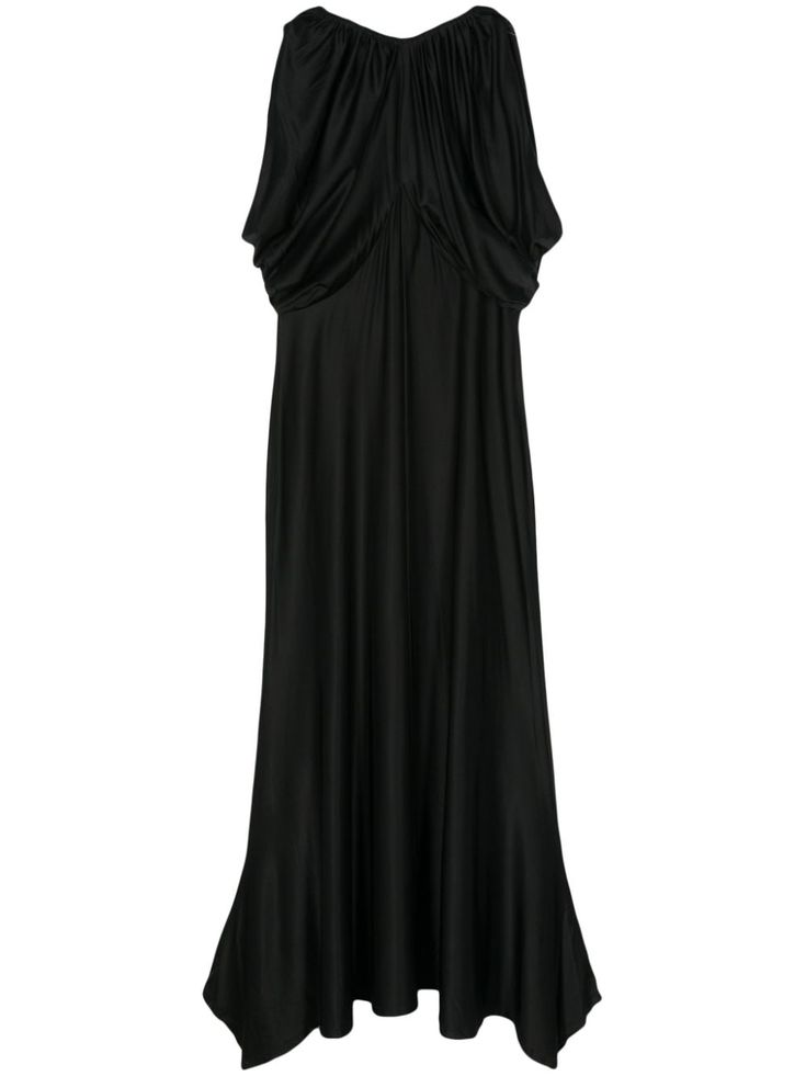 black stretch-jersey draped design batwing sleeves unlined open back fitted waistline asymmetric hem single rear button fastening concealed rear zip fastening Drape Maxi Dress, Maxi Dress Black, Designer Drapes, Paco Rabanne, Batwing Sleeve, Black Stretch, Black Maxi Dress, Asymmetric Hem, Timeless Pieces