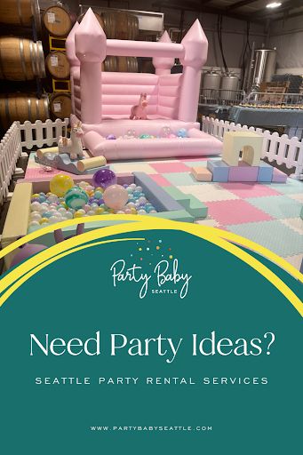 an inflatable pink princess castle is set up for a party with the words, need party ideas? seattle party rental services