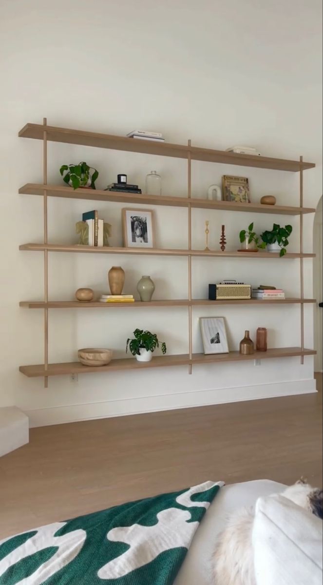 an empty room with shelves on the wall and plants in vases next to it