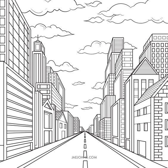 a drawing of a city street with the words how to draw a city on it