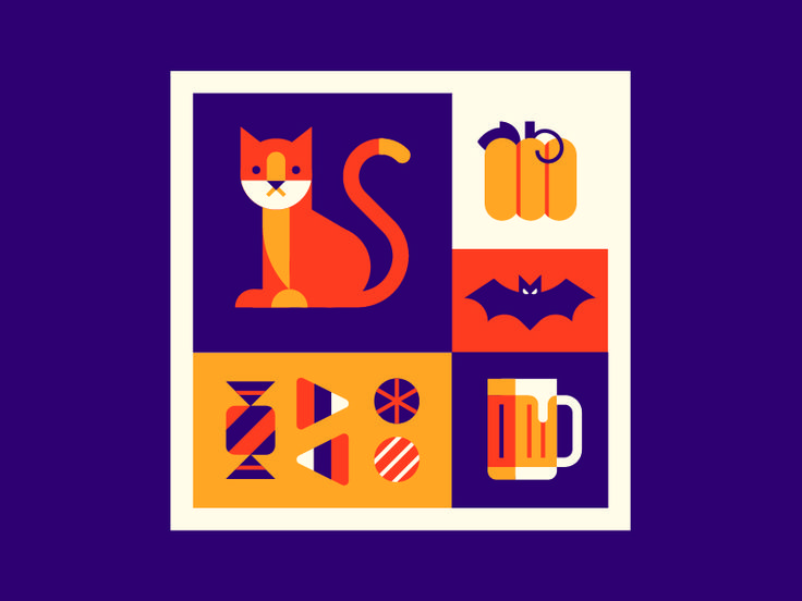 an image of a cat and other items on a purple background with orange, red, and blue colors