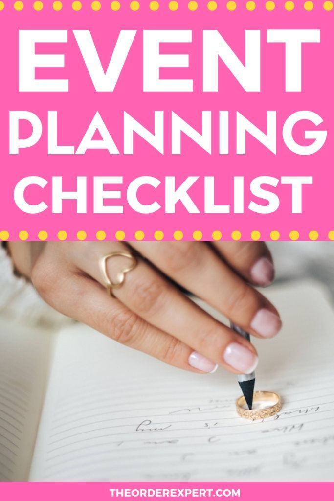 the event planning checklist is shown in pink and white with a hand holding a pen