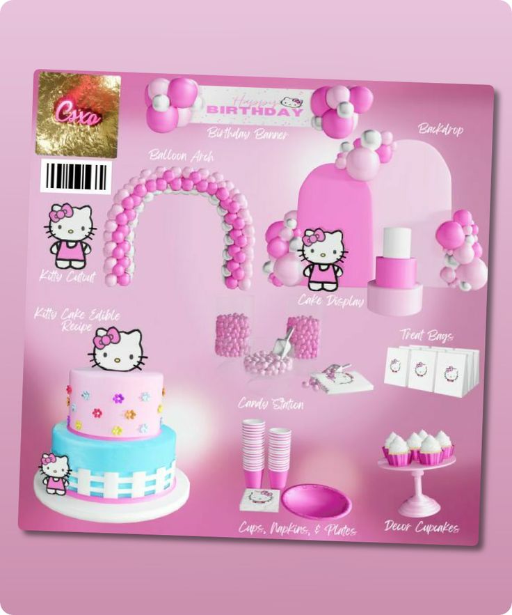 a pink hello kitty birthday cake and decorations