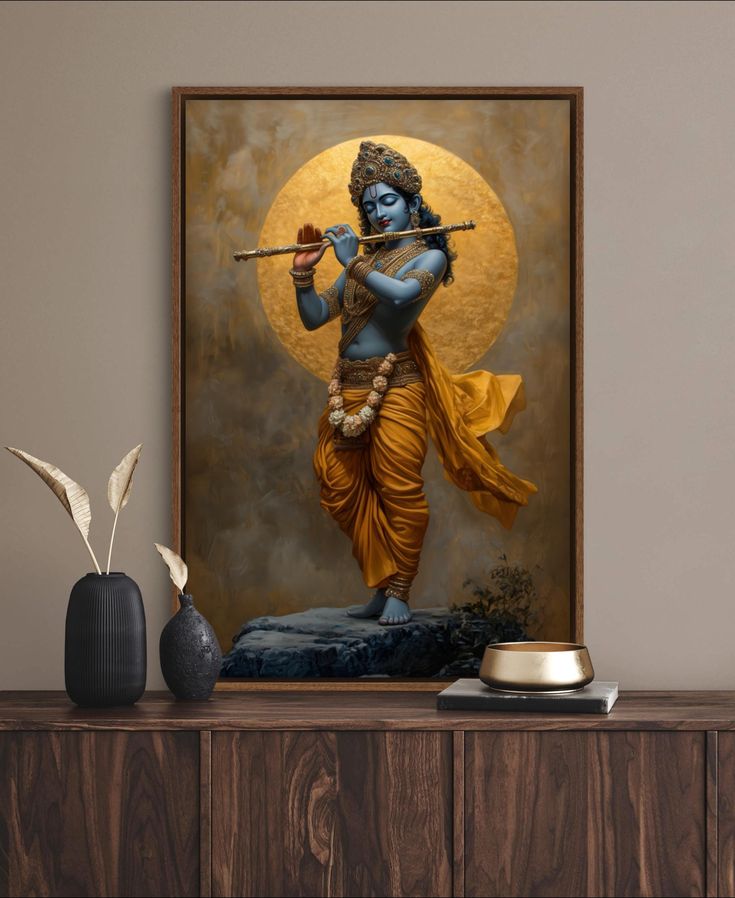 a painting of a hindu god holding a flute in front of a full moon background