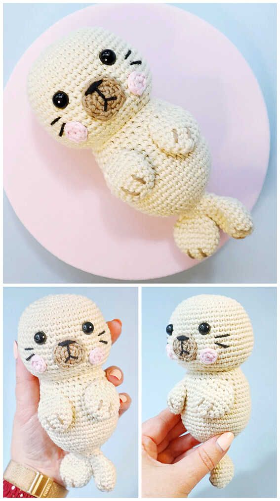 crocheted stuffed seal animal sitting on top of a pink plate next to another photo