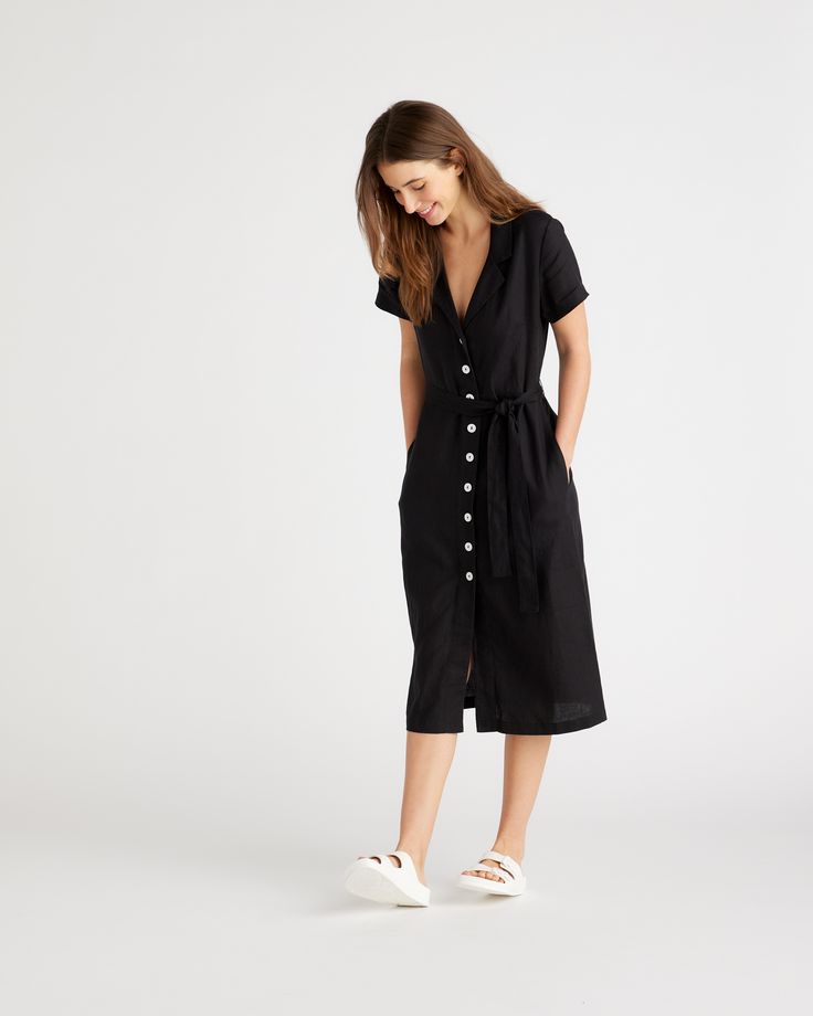 It's got pockets! We never get tired of telling people that, and neither will you. This midi linen button fronted dress is so versatile and cute, the compliments will be rolling in. Our linen is made from 100% European flax, which is more sustainable and less resource-intensive to grow. Linen is the ultimate year-round fabric because it's breathable and naturally heat-regulating.  | Quince | Women's Short Sleeve Dress in Black, Size Large, Linen Chic Linen Dress With Buttons, Chic Linen Dress With Button Closure For Day Out, Chic Linen Day Dress With Buttons, Chic Daywear Linen Dress With Buttons, Chic Button-up Linen Dress, Chic Linen Dress With Buttons For Daywear, Casual Linen Midi Dress For Work, Chic Linen Midi Dress With Buttons, Chic Linen Midi Dress With Button Closure