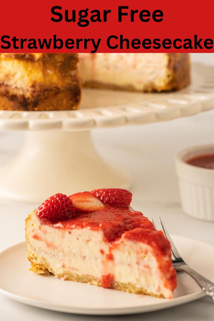 a slice of strawberry cheesecake on a white plate with the rest of the cake in the background