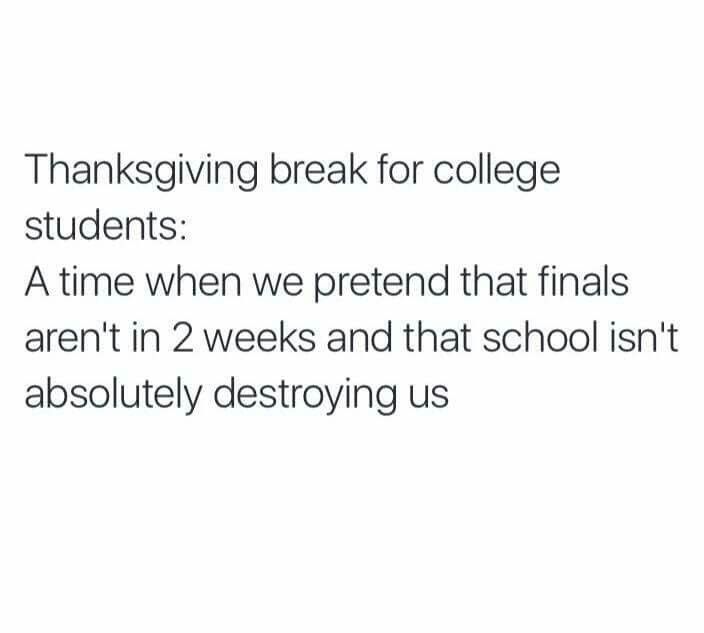 the text reads, thanksgiving break for college students a time when we pretend that finals aren't in 2 weeks and that school isn't absolutely destroying us