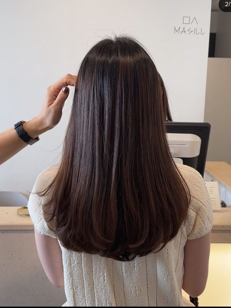 Round One Length Haircut Long, Mid Length U Shaped Haircut, Long Subtle Layers Straight, Straight Haircut Layers, Mid Length Haircut No Layers, Slight Layers Medium Hair, Winter Haircuts Long, No Layer Haircut, Oval Layered Haircut Medium