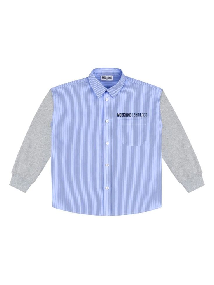 blue cotton blend long sleeves ribbed cuffs front button fastening embroidered logo at the chest Blue Long Sleeve Shirt With Contrast Stripes, Blue Cotton Shirt With Striped Cuffs, Casual Blue Shirt With Contrast Stripes, Striped Long Sleeve Shirt With Button Cuffs, Blue Collared Tops With Ribbed Cuffs, Blue Cotton Tops With Ribbed Collar, Blue Collared Top With Ribbed Cuffs, Blue Cotton Top With Ribbed Collar, Blue Cotton Shirt With Contrast Stripes