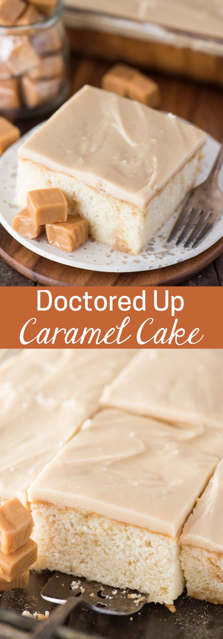 this is an image of a cake with caramel icing on it and the words, doctored up caramel cake