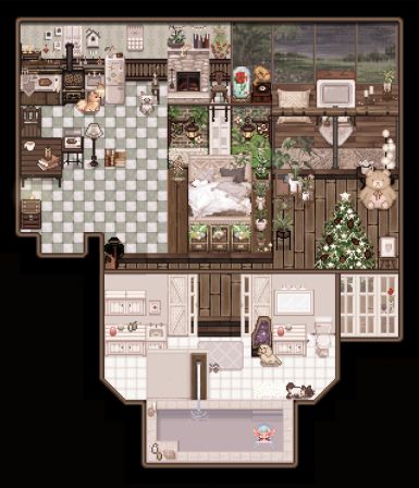 an overhead view of a floor plan with furniture and kitchen areas, including a dining area