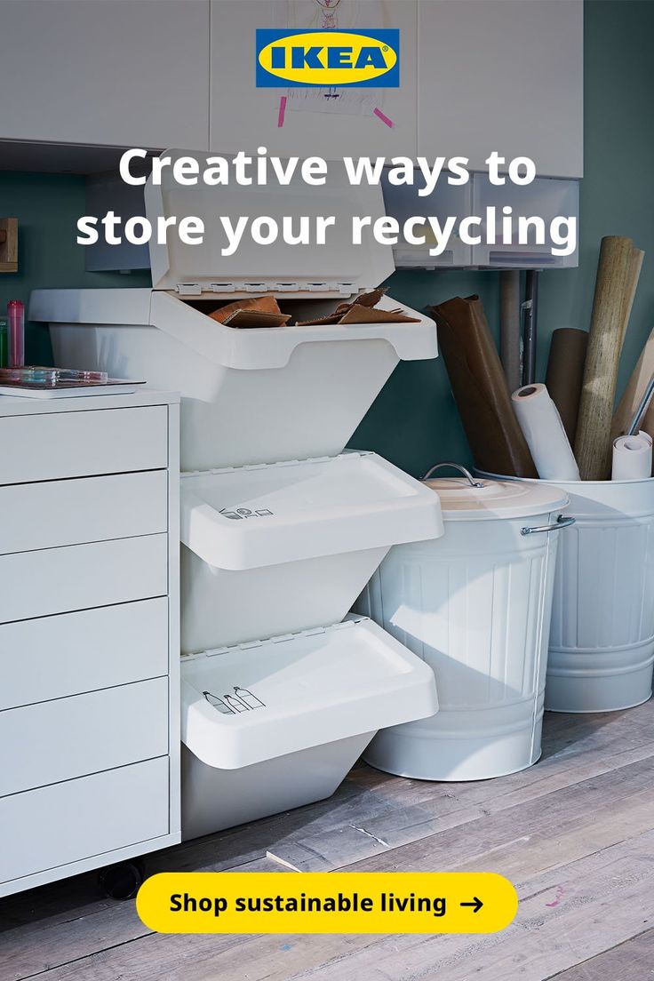 an advertisement for ikea's store with white storage containers stacked on top of each other and the words creative ways to store your recycling